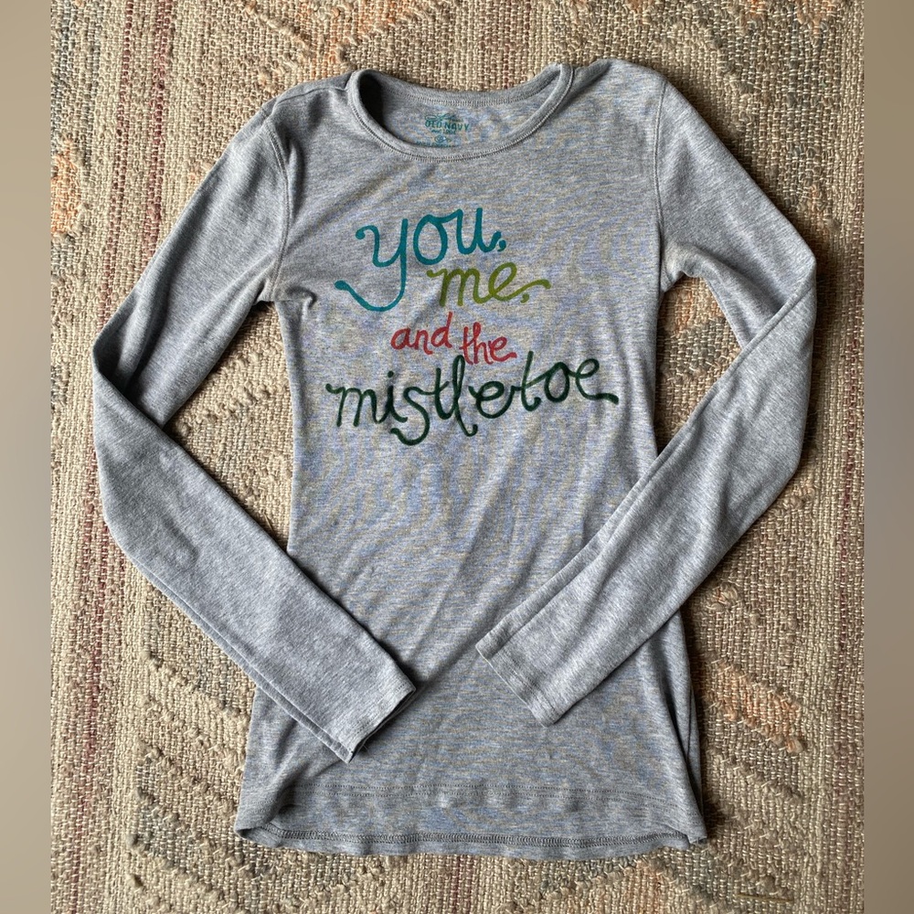 Old Navy Vintage Y2K Long Sleeve Longline Fitted Gray T-Shirt Christmas - Sz S